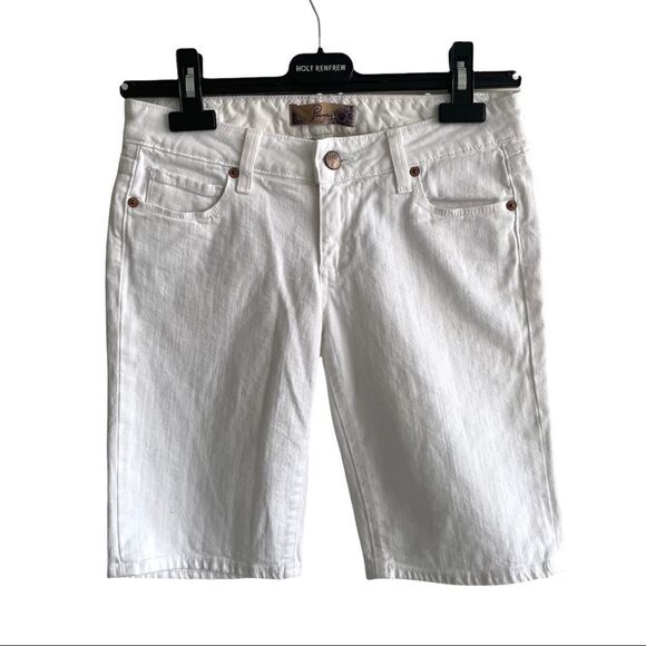 PAIGE DENIM Y2K Low Rise Jax Denim Jean Knee Shorts Bermuda Optic White 24 - Picture 1 of 10